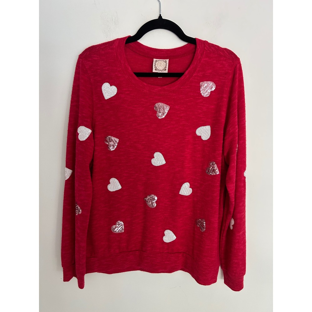 Truself Womens Red Sequin Heart Pullover Top Long‎ Sleeve Crew Neck Large